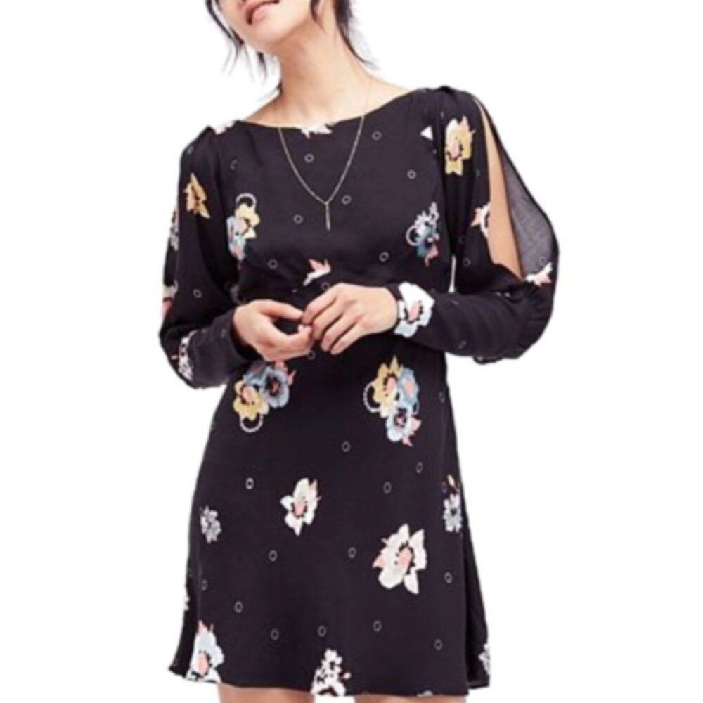 FREE‎ PEOPLE Black Floral Sunshadows Slit Sleeve Mini Dress OB618462 Size 4